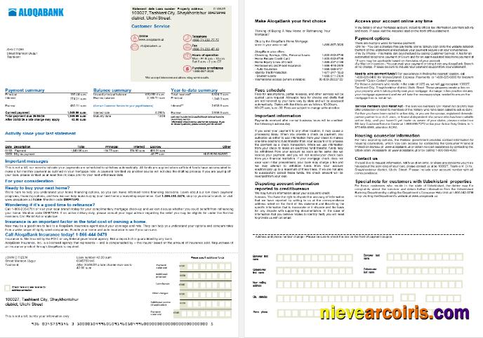 Uzbekistani Aloqabank mortgage statement, 2 pages
